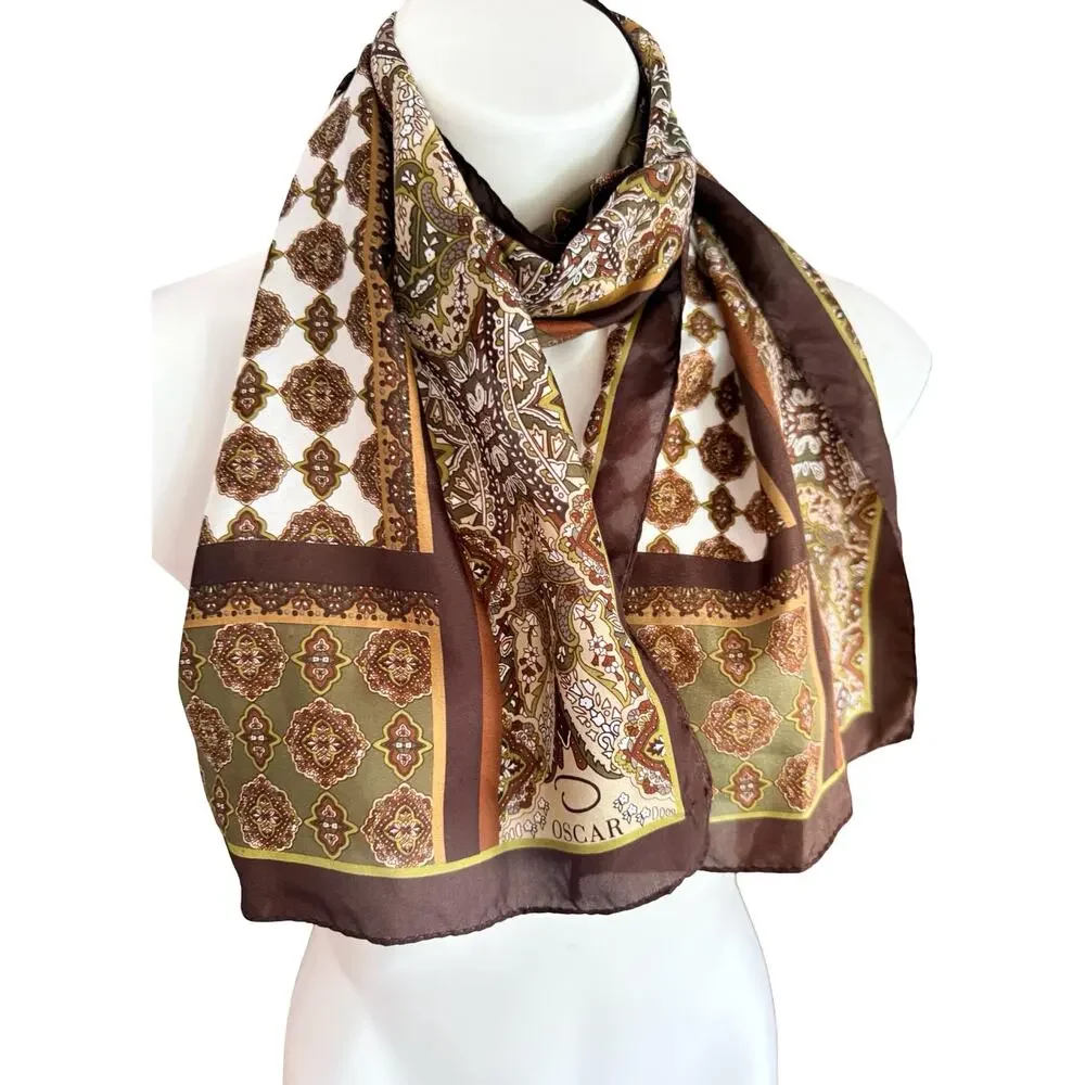 Vintage 70s Oscar de la Renta Silk Scarf Brown Olive Paisley 11x54 Oblong